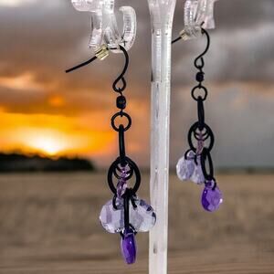 Purple & Clear Crystal Black Metal Dangle 2 1/8" Earrings!